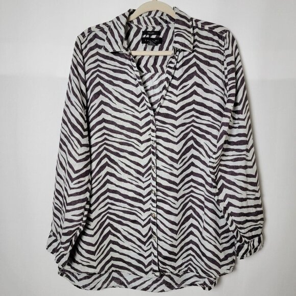 Tahari Linen Zebra Animal Print Beachy Long Sleeve Roll Tab Button Up Shirt L - Picture 2 of 10